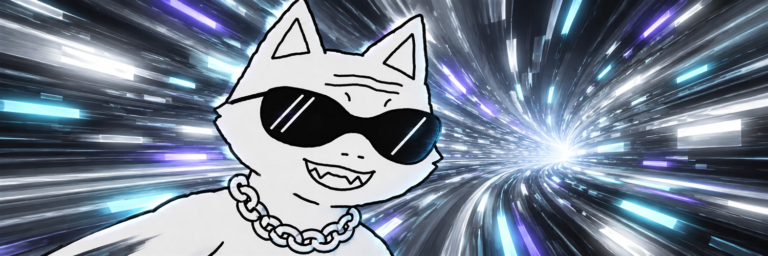 Hyper Cat Wojak racing through a luminous data tunnel