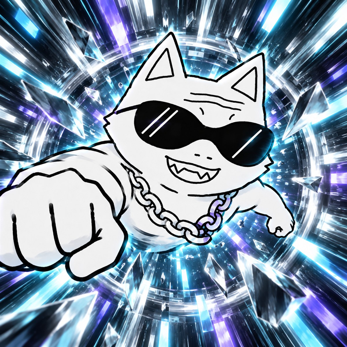 Hyper Cat Wojak bursting through a luminous portal