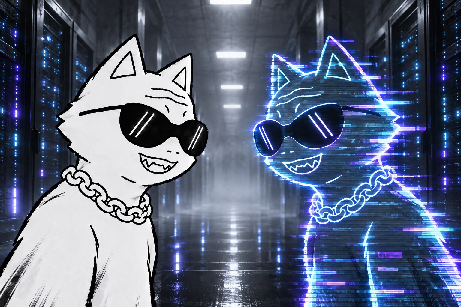Hyper Cat Wojak meeting a glowing glitch version of himself
