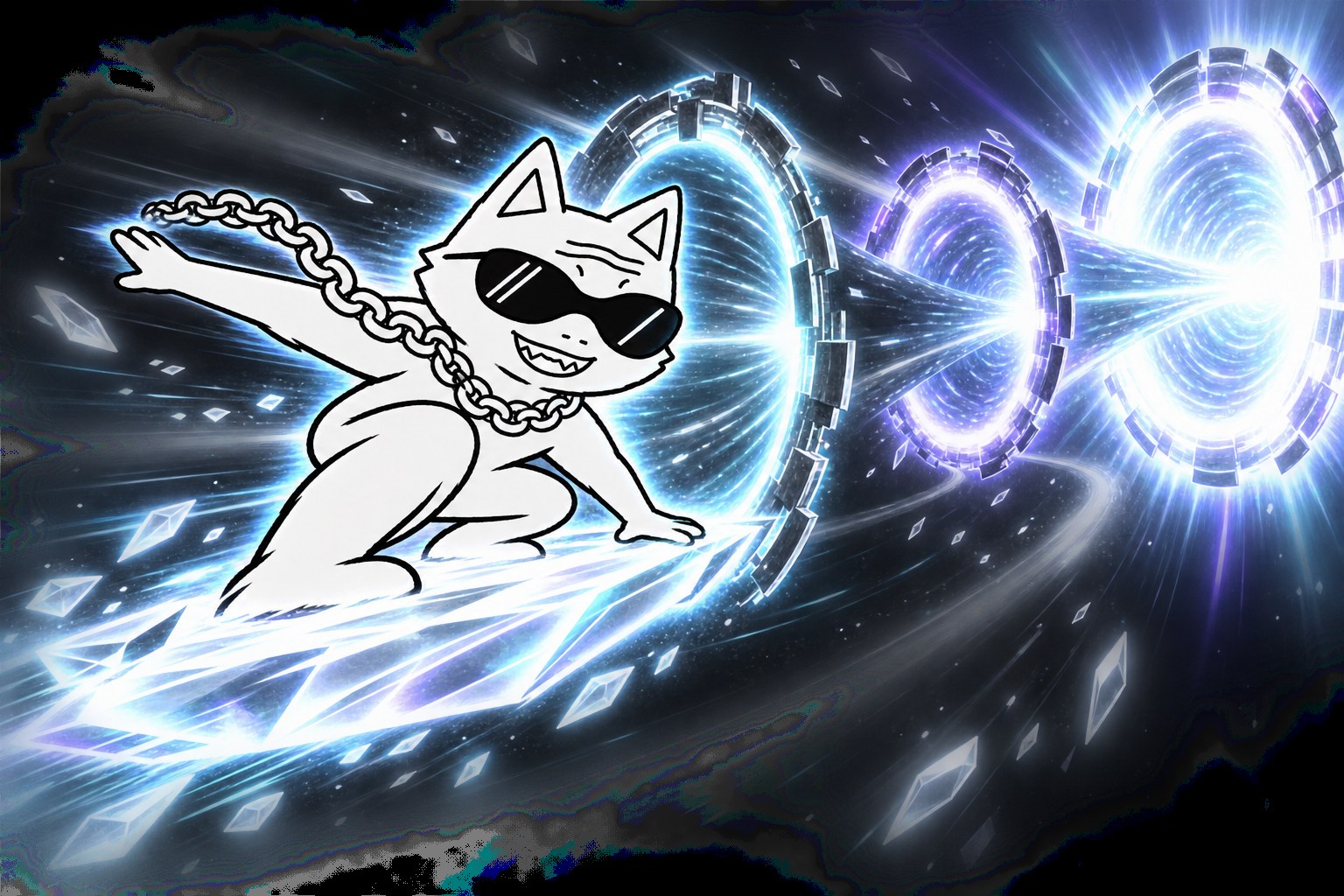 Hyper Cat Wojak surfing through three luminous gates